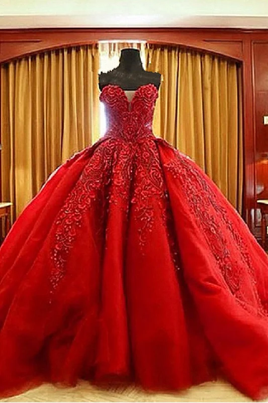 Sweetheart Sleeveless Lace Appiques Puffy Red Quinceanera Dresses N2079