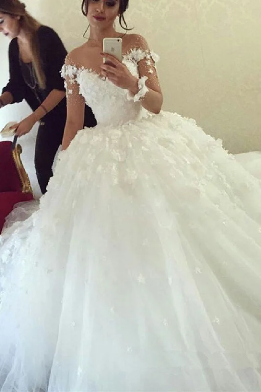 Ball Gown Sheer Neck Long Wedding Dresses with Flowers Long Sleeves Puffy Bridal Dresses N2080