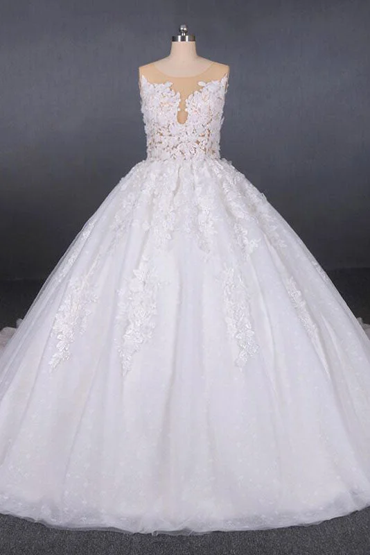 Ball Gown Sheer Neck Sleeveless White Wedding Dresses Lace Appliqued Bridal Dresses N2297