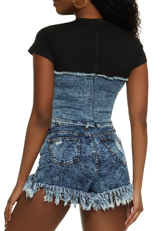 Acid Wash Denim Corset T Shirt