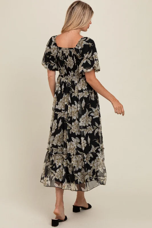 Black Floral Chiffon Ruffle Hem Midi Dress