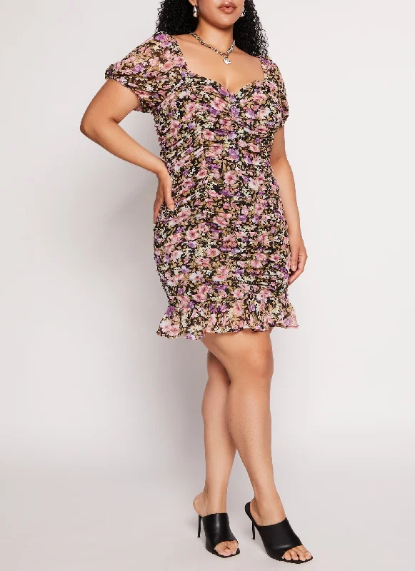 Plus Size Haute Monde Floral Chiffon Peasant Dress