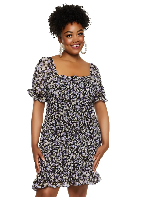 Plus Size Haute Monde Floral Print Smocked Mini Dress