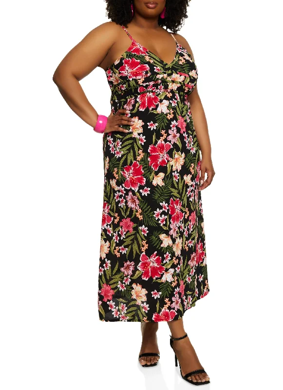 Plus Size Tropical Floral Print Empire Waist Maxi Dress