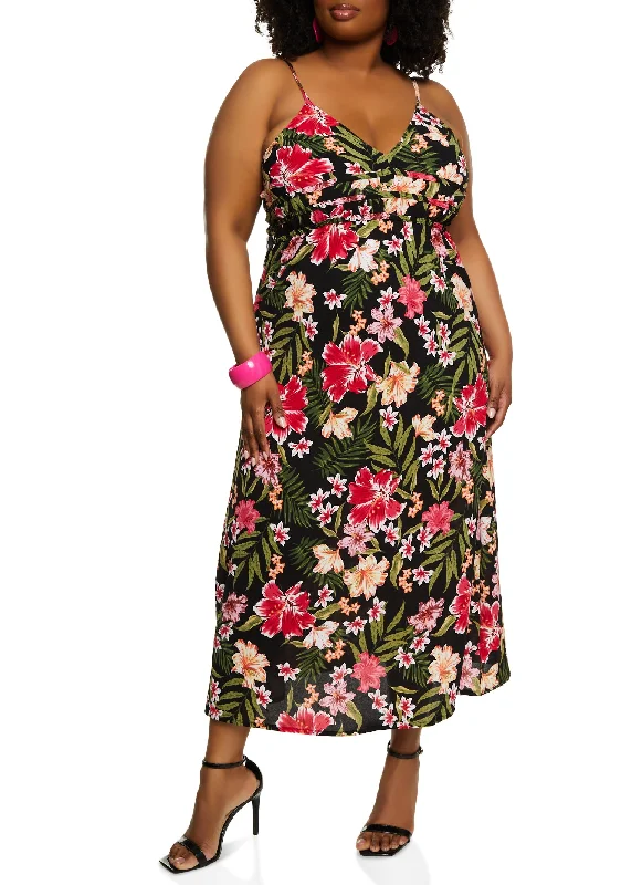 Plus Size Tropical Floral Print Empire Waist Maxi Dress