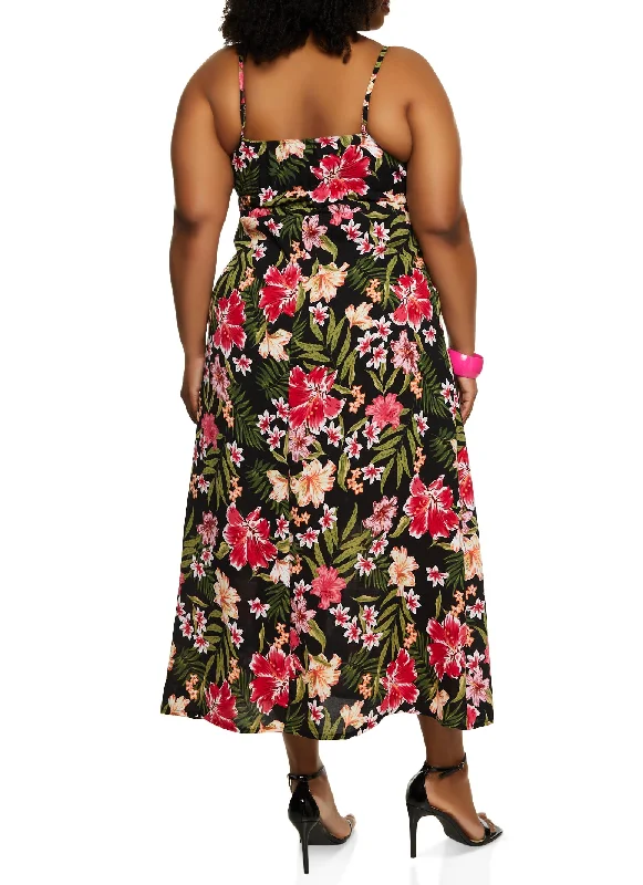 Plus Size Tropical Floral Print Empire Waist Maxi Dress