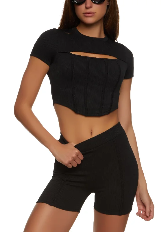 Ribbed Cut Out Detail Corset Crop Top