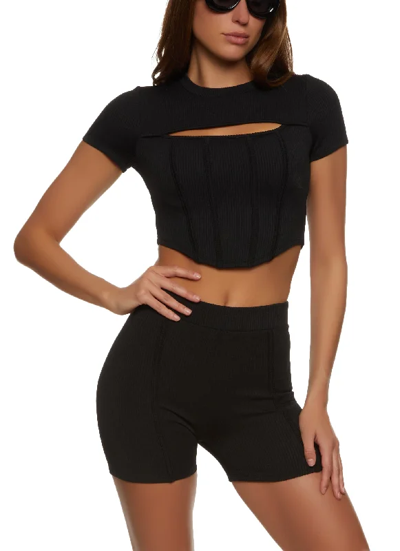 Ribbed Cut Out Detail Corset Crop Top