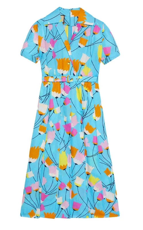 Blue Tulip Print Pleated Dress