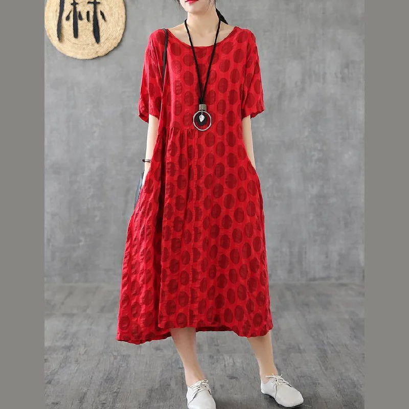 Bohemian Red Dotted Cotton Quilting Clothes Patchwork O Neck Loose Summer Dress