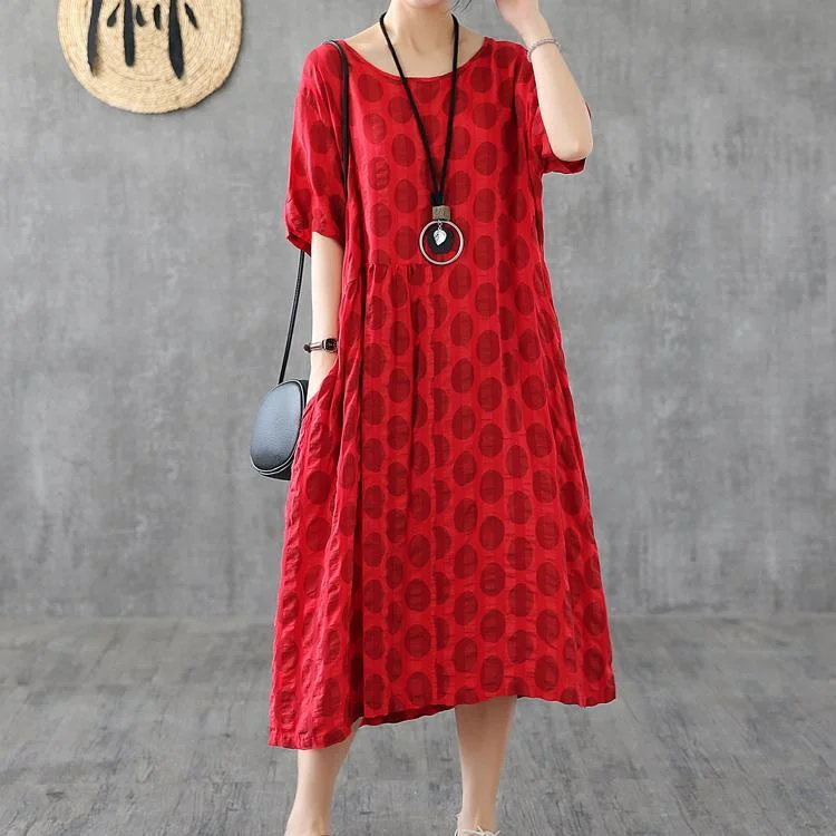 Bohemian Red Dotted Cotton Quilting Clothes Patchwork O Neck Loose Summer Dress