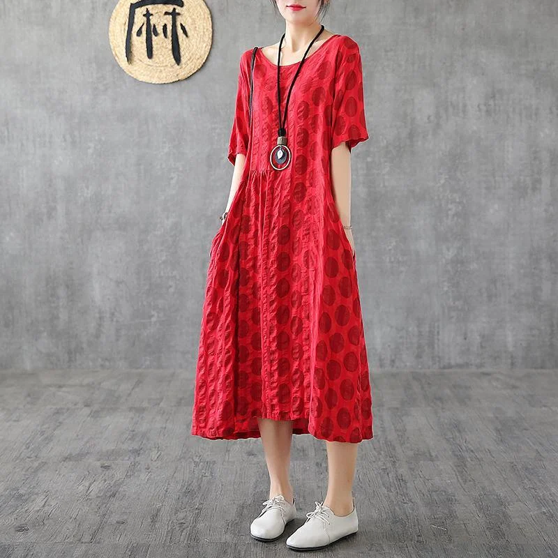 Bohemian Red Dotted Cotton Quilting Clothes Patchwork O Neck Loose Summer Dress