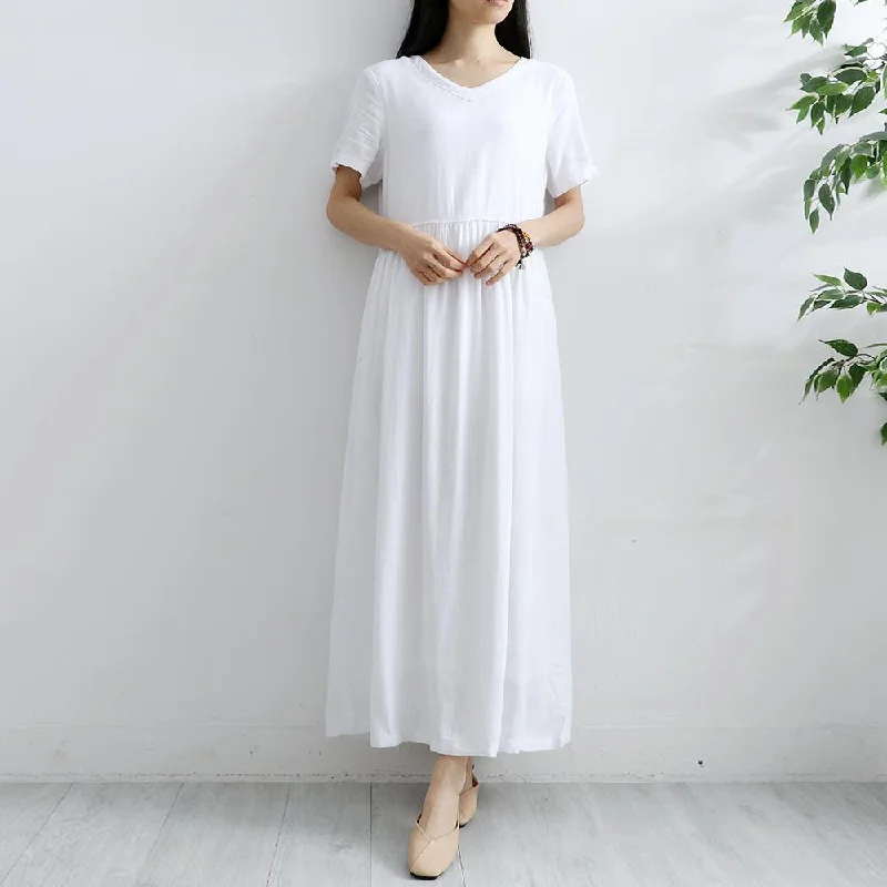 Bohemian V-Neck Linen Dress Catwalk White Dress Summer