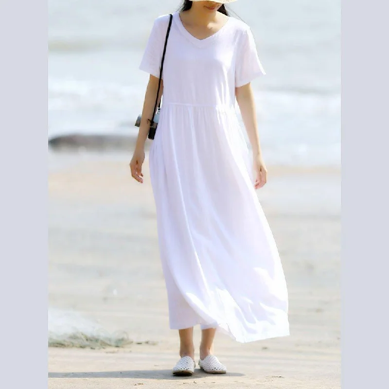 Bohemian V-Neck Linen Dress Catwalk White Dress Summer