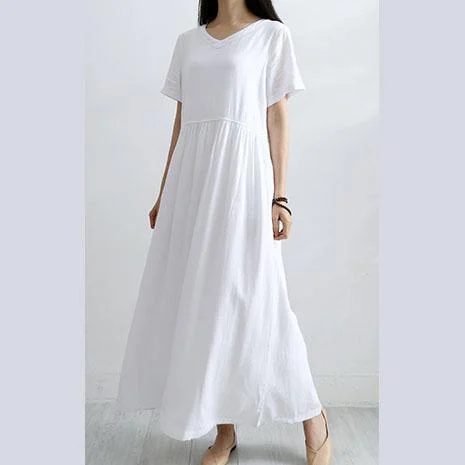 Bohemian V-Neck Linen Dress Catwalk White Dress Summer