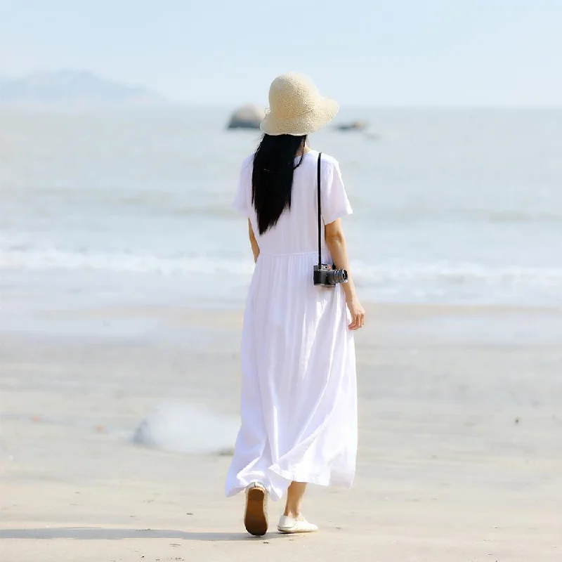 Bohemian V-Neck Linen Dress Catwalk White Dress Summer