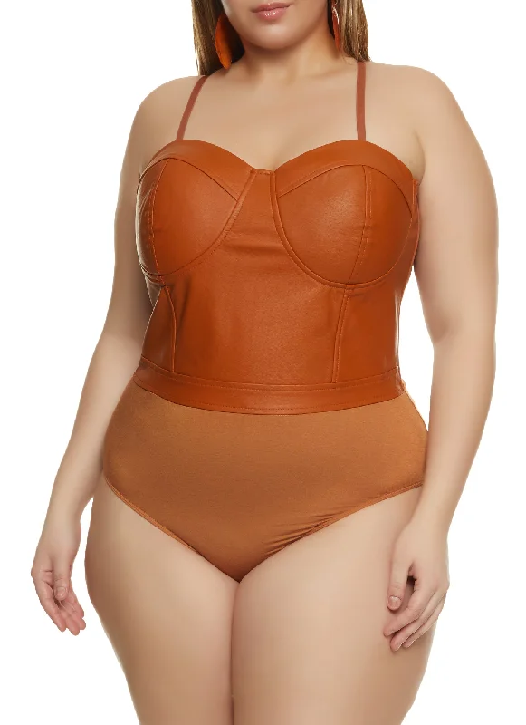 Plus Size Faux Leather Convertible Bustier Bodysuit