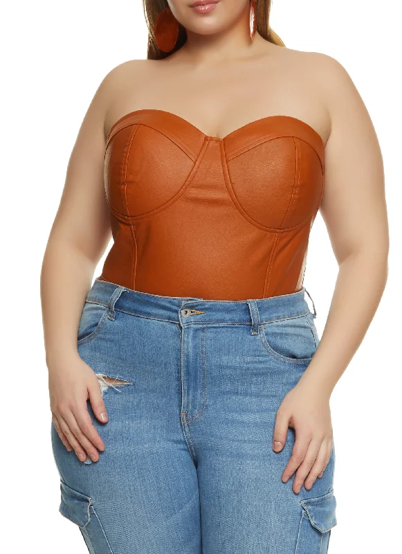 Plus Size Faux Leather Convertible Bustier Bodysuit