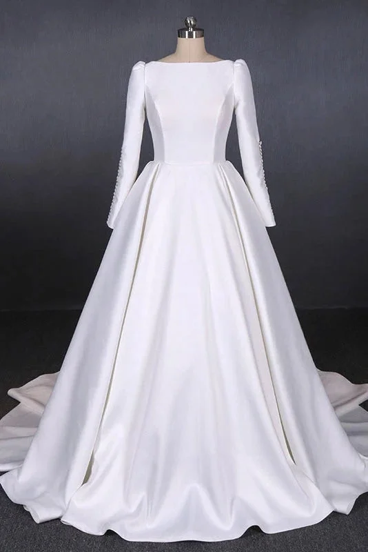 Long Sleeves Satin White Wedding Dresses Backless Bridal Dresses N2301