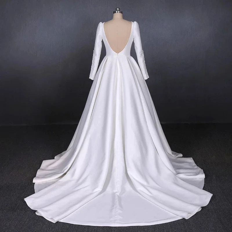 Long Sleeves Satin White Wedding Dresses Backless Bridal Dresses N2301