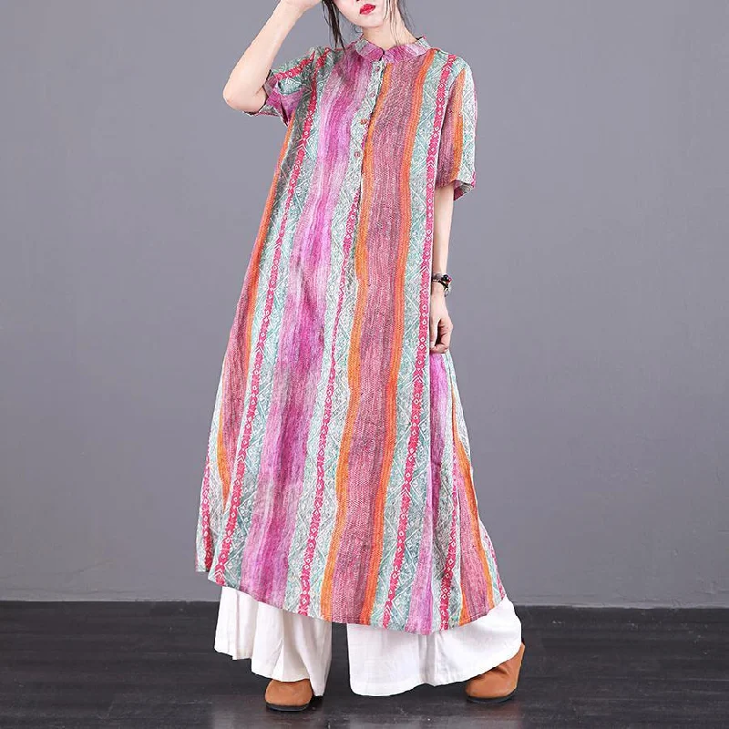 Chic o neck pockets linen clothes For Women Fashion Ideas multicolor striped Dresses summer