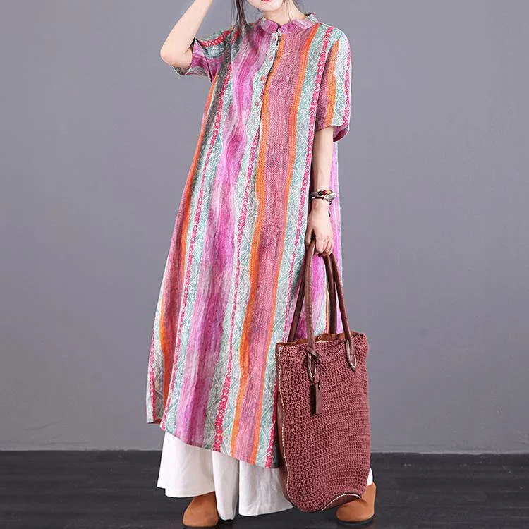 Chic o neck pockets linen clothes For Women Fashion Ideas multicolor striped Dresses summer