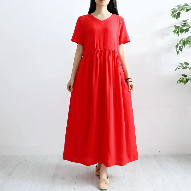 Chic v neck cotton linen Robes Shirts red big hem Dresses summer