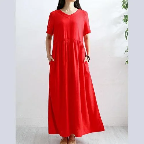 Chic v neck cotton linen Robes Shirts red big hem Dresses summer