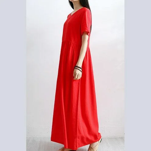 Chic v neck cotton linen Robes Shirts red big hem Dresses summer