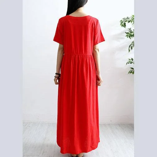 Chic v neck cotton linen Robes Shirts red big hem Dresses summer