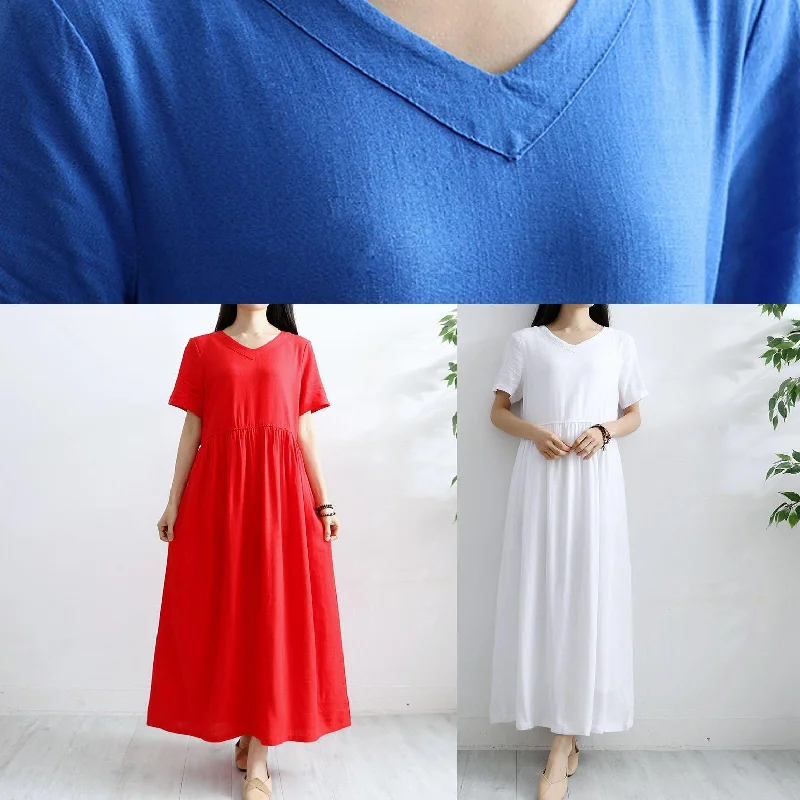 Chic v neck cotton linen Robes Shirts red big hem Dresses summer