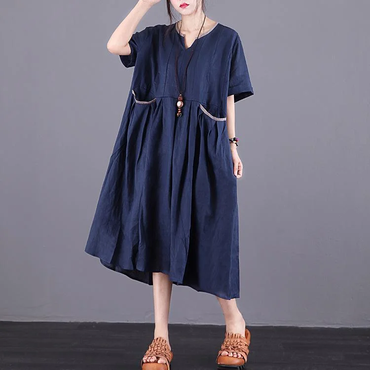 Chic V-Neck Pockets Linen Clothes Fashion Ideas Navy Dress Summer