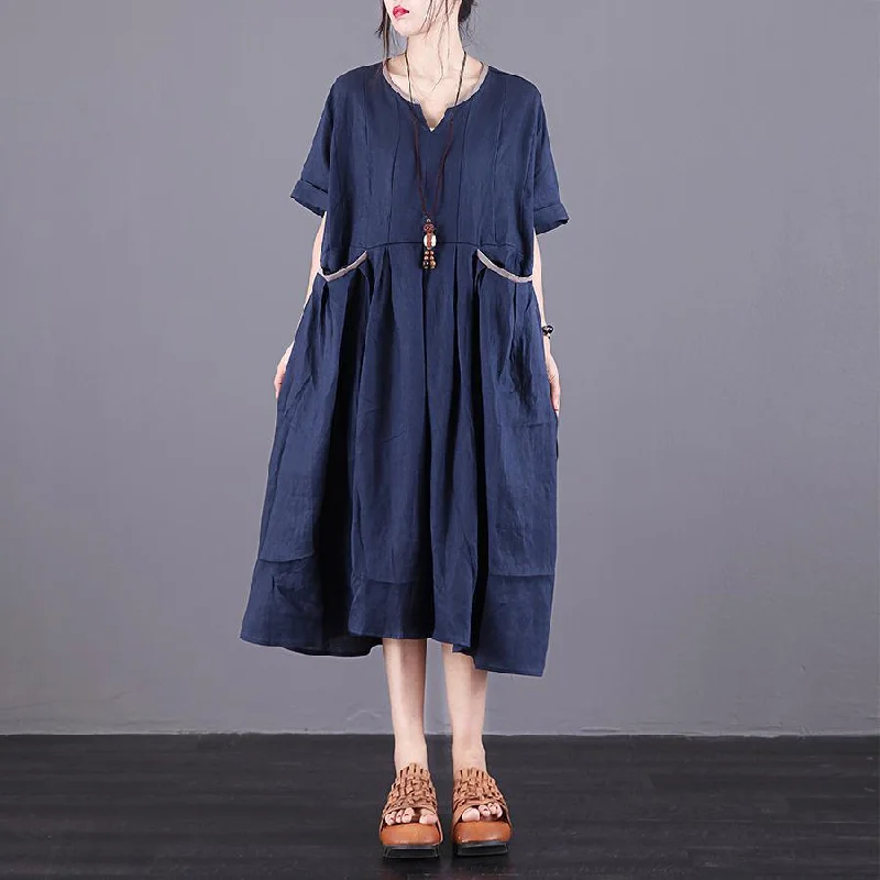 Chic V-Neck Pockets Linen Clothes Fashion Ideas Navy Dress Summer