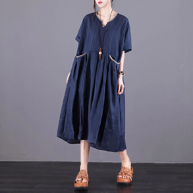 Chic V-Neck Pockets Linen Clothes Fashion Ideas Navy Dress Summer