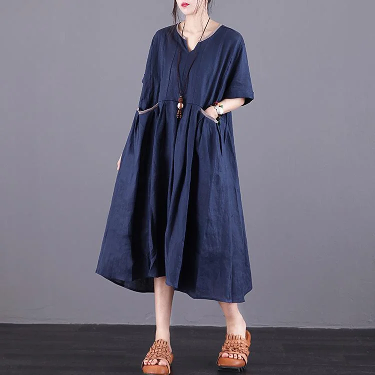 Chic V-Neck Pockets Linen Clothes Fashion Ideas Navy Dress Summer