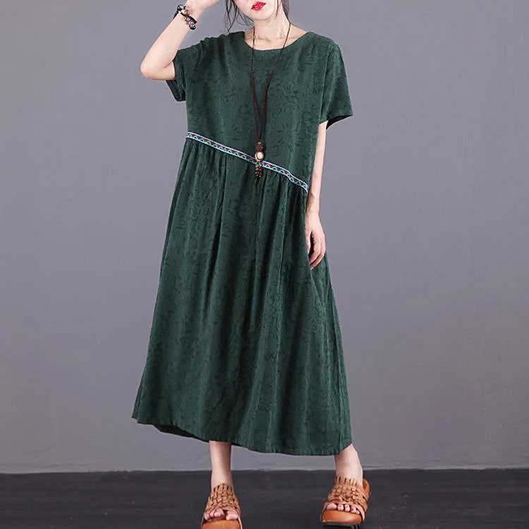 Classy o neck patchwork cotton linen clothes For Women design green Jacquard Dresses summer