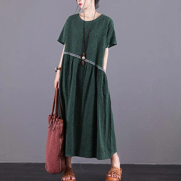 Classy o neck patchwork cotton linen clothes For Women design green Jacquard Dresses summer