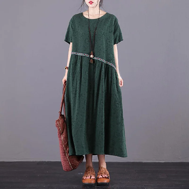 Classy o neck patchwork cotton linen clothes For Women design green Jacquard Dresses summer