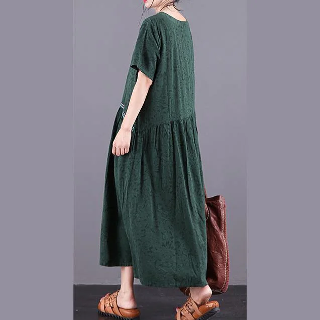 Classy o neck patchwork cotton linen clothes For Women design green Jacquard Dresses summer