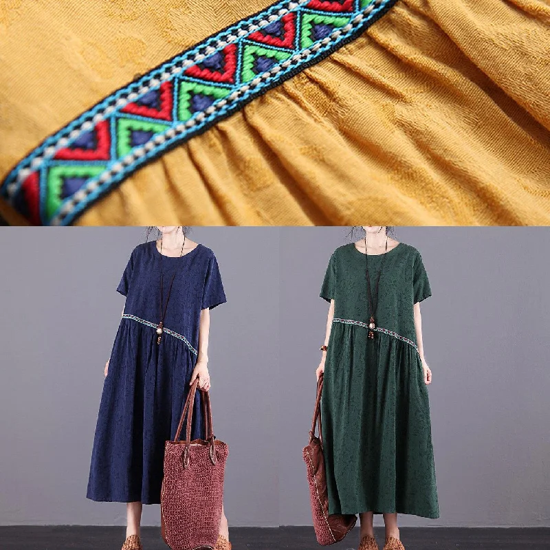 Classy o neck patchwork cotton linen clothes For Women design green Jacquard Dresses summer