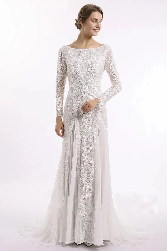 Column Lace Bridal Dresses Long Sleeves Backless Boho Beach Wedding Dresses N2017