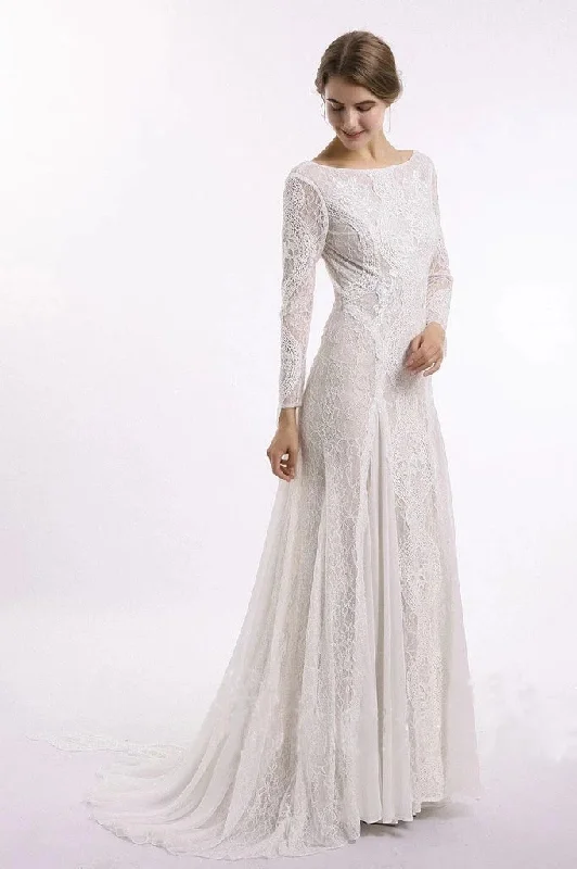 Column Lace Bridal Dresses Long Sleeves Backless Boho Beach Wedding Dresses N2017