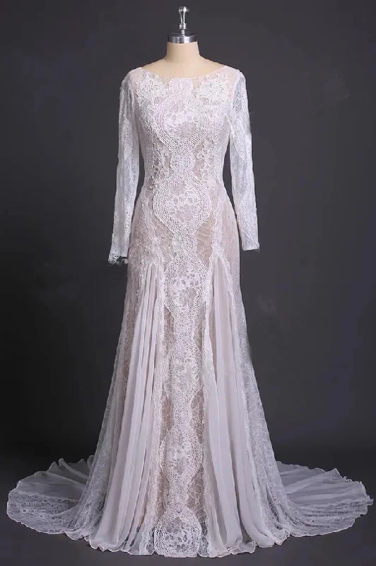 Column Lace Bridal Dresses Long Sleeves Backless Boho Beach Wedding Dresses N2017