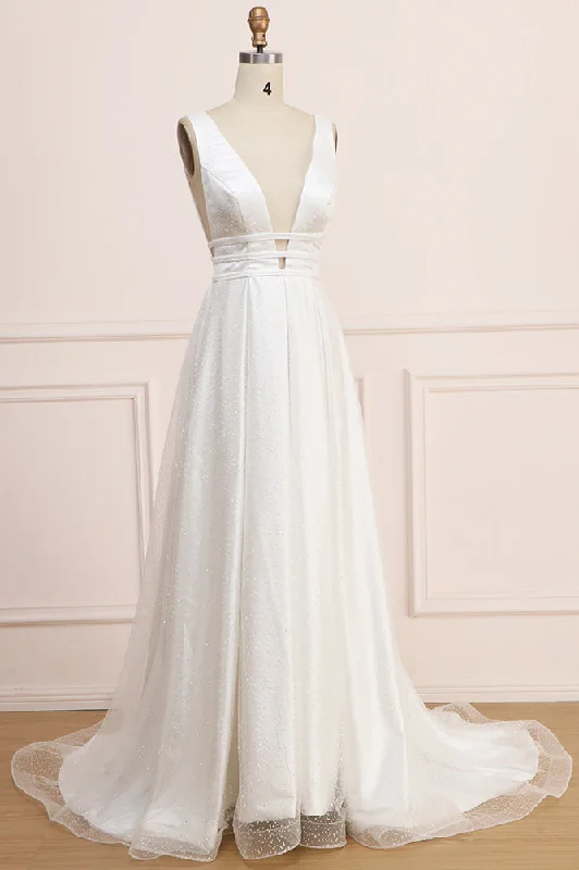 Deep V-Neck Sleeveless Bridal Dresses Backless Long A Line Wedding Dresses N2270