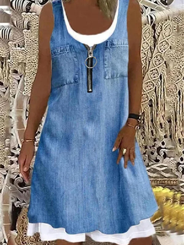 Denim Sleeveless Round Neck Casual Dress