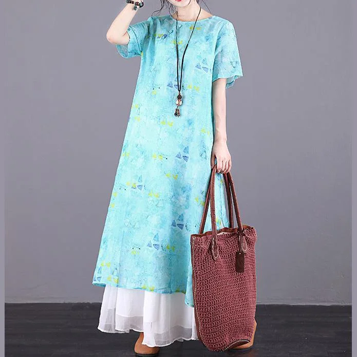 DIY o neck Button Down linen clothes For Women Work Outfits blue print Dress summer