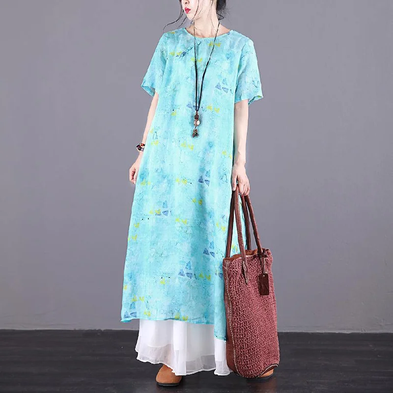 DIY o neck Button Down linen clothes For Women Work Outfits blue print Dress summer