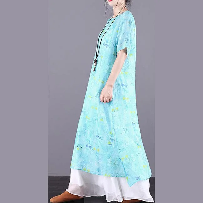 DIY o neck Button Down linen clothes For Women Work Outfits blue print Dress summer