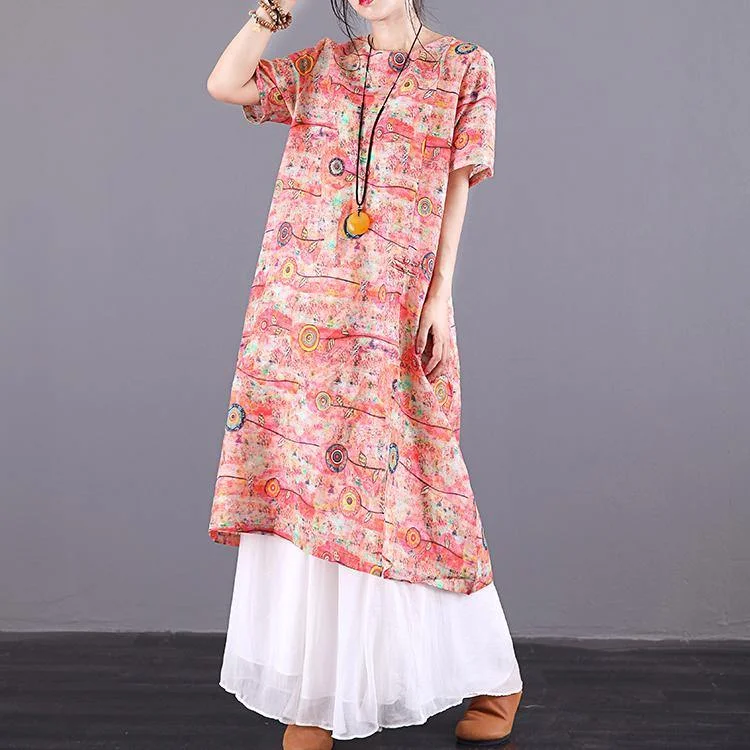 DIY o neck Button Down linen dresses Tutorials orange pink print Dress summer