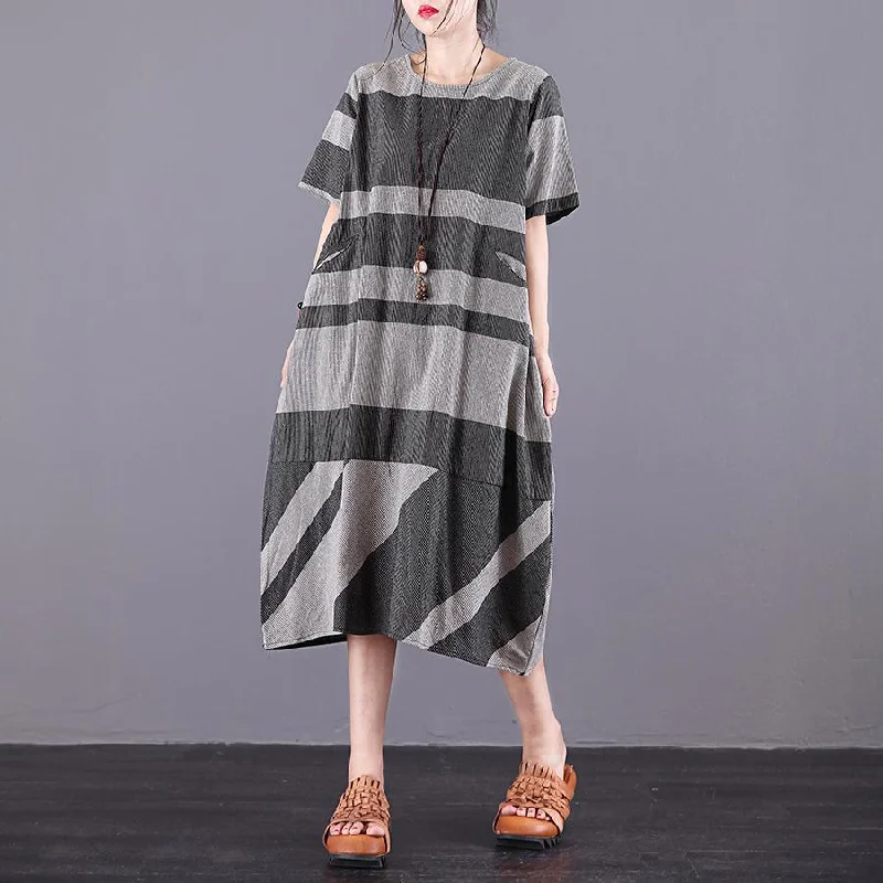 DIY O-Neck Pockets Cotton Clothes Women Sewing Gray Striped Long Dress Summer